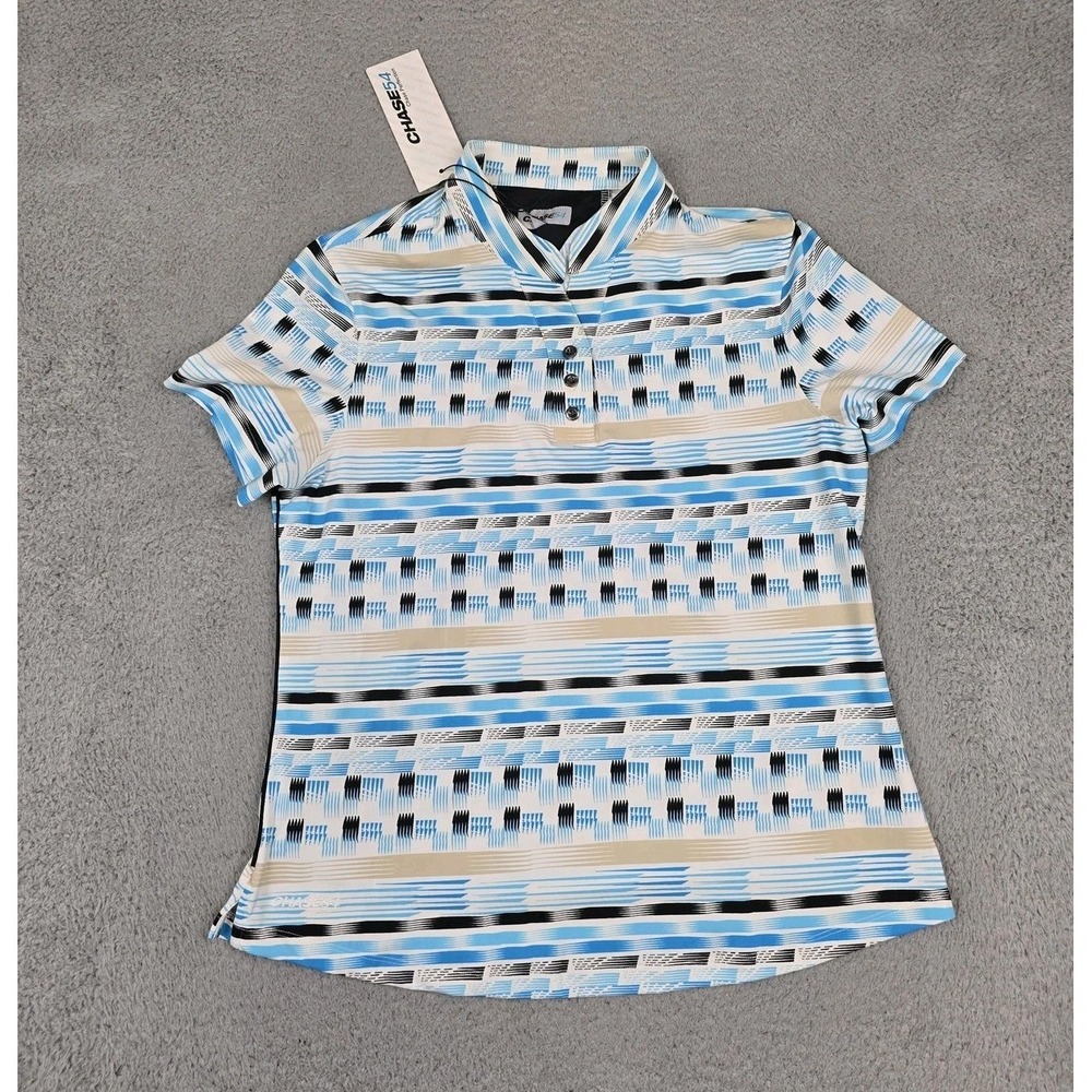 Chase54 Golf Polo Shirt Womens Large Blue Geo Algiers Moisture Wicking UPF New